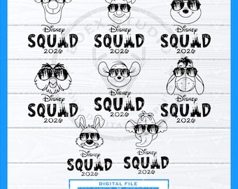 May include: A digital graphic file featuring eight black line art character heads wearing sunglasses with castle silhouettes inside the lenses. Each character is paired with the text Disney SQUAD 2026. A box at the bottom lists file formats: SVG, EPS, PDF, DXF, JPG, PNG.
