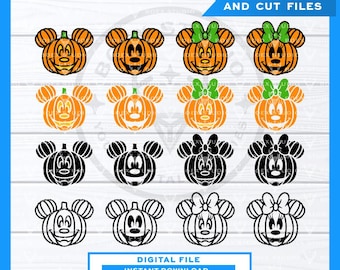 May include: A digital file featuring pumpkin-shaped designs with Mickey Mouse and Minnie Mouse faces. The pumpkins are in orange, black, and white, some with green bows. Text at the top reads "LAYERED AND CUT FILES". The bottom text says "DIGITAL FILE INSTANT DOWNLOAD".