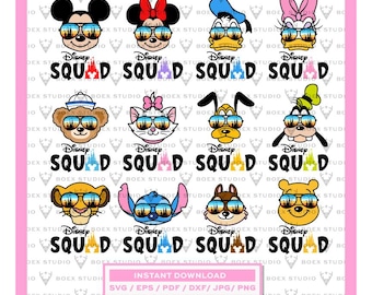 May include: A collection of Disney character designs, each wearing sunglasses, with the word "SQUAD" below. The characters include Mickey Mouse, Minnie Mouse, Donald Duck, Daisy Duck, and others. The image also includes the text "INSTANT DOWNLOAD" and file type options.