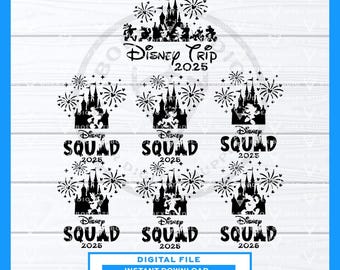 May include: Black and white digital file designs featuring a castle silhouette with fireworks, the text "Disney Trip 2025", and "Disney Squad 2025". Includes file formats: SVG, EPS, PDF, DXF, JPG, and PNG. Instant download.