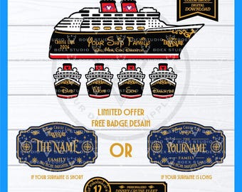 May include: A digital design featuring a cruise ship with the text "Your Ship Family" and smaller ship illustrations. Includes options for personalized name badges and a "Disney Cruise Fleet" design. The design is layered and available for digital download.
