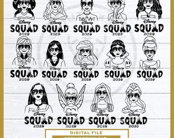 Disney Princess Squad SVG,  Squad Goals, Disneyland, Princess Rapunzel Elsa Belle Cinderella Aurora Jasmine outline SVG Cricut cutting file