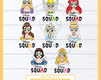 May include: A digital graphic featuring eight cartoon characters wearing sunglasses, each paired with the text Disney SQUAD. The characters include Rapunzel, Tinker Bell, Ariel, Belle, Elsa, Cinderella, Snow White, and Aurora, all in color.