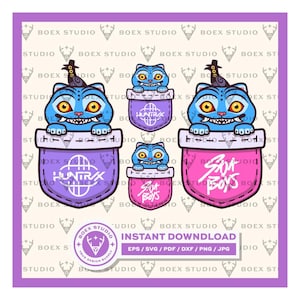 Puede incluir: Descarga digital que presenta un gato de dibujos animados azul con ojos amarillos y una sonrisa dentuda, saliendo de un bolsillo. Los bolsillos son morados y rosas, con los textos "HUNTRAX" y "SOMA BOYS". La imagen incluye el texto "DESCARGA INSTANTÁNEA".