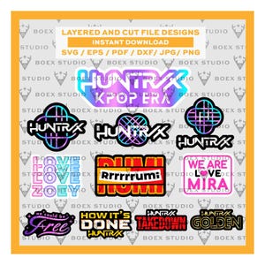 May include: A collection of layered and cut file designs with various text elements, including "HUNTRAX," "KPOPERA," and "LOVE ZOEY." The designs are available for instant download in SVG, EPS, PDF, DXF, JPG, and PNG formats. The color palette includes vibrant blues, purples, and reds.