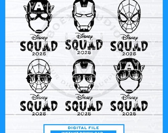 May include: Black and white digital file featuring superhero mask designs, including Captain America, Iron Man, and Spider-Man. The word "SQUAD" is displayed below each mask, along with the year "2025". The bottom of the image reads "DIGITAL FILE INSTANT DOWNLOAD".