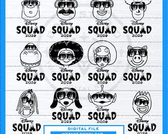 May include: A digital graphic file featuring twelve black line art character icons wearing sunglasses with castle silhouettes. Each icon is paired with the text Disney SQUAD 2026. A rectangular box at the bottom displays the text DIGITAL FILE INSTANT DOWNLOAD SVG / EPS / PDF / DXF / JPG / PNG.