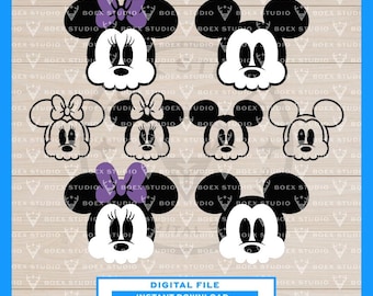 May include: A digital file featuring various Mickey and Minnie Mouse head designs. The black and white illustrations include Minnie with purple bows and Mickey with white gloves. The file includes the text "DIGITAL FILE INSTANT DOWNLOAD" and file type options.