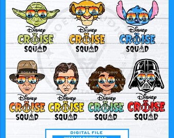 May include: A collection of Disney-themed graphics featuring characters like Yoda, Simba, and Stitch, each wearing sunglasses with a cruise ship reflection. The text "Disney Cruise Squad" is below each character. A digital file download is available.