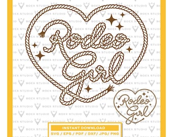 May include: A brown rope design features the words "Rodeo Girl" within a heart shape, with star accents. A smaller heart with the same text is also present. The design includes the text "Instant Download" and file type options.