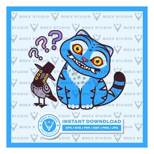 Puede incluir: Ilustración digital de un gato azul y un cuervo perplejos, con signos de interrogación. Incluye el texto "INSTANT DOWNLOAD" y opciones de tipo de archivo. El fondo repite un logotipo.