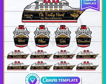 May include: A digital graphic set featuring cruise ship illustrations in black, white, red, and gold. The designs include text such as The Family Name, Dad, Mom, Son, Daughter, Cruise Line 2026, and Disney Fantasy. Includes an Editable Canva Template label.