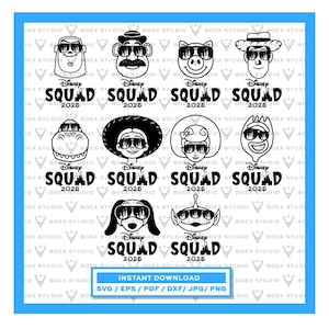 Puede incluir: Ilustración digital en blanco y negro con caras de personajes de Toy Story con gafas de sol. La palabra "SQUAD" y el año "2025" aparecen debajo de cada personaje. También incluye "DESCARGA INSTANTÁNEA" y opciones de tipo de archivo.