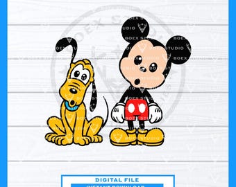 1035 - ミッキーとプルートが抱き合う線画（SVG、EPS、Jpeg、DXF、PNG