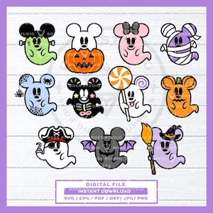 Söt Kawaii Disney Halloween Musse och Minnie Ghost SVG-paket (digital nedladdning)