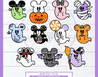 May include: A collection of cartoon ghost characters in various Halloween costumes. The ghosts are in different colors, including green, orange, pink, blue, and purple. Some ghosts are holding a lollipop, wearing a witch hat, or wrapped in bandages.