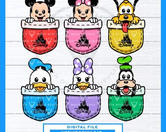 May include: Six cartoon character designs, including Mickey Mouse, Minnie Mouse, Pluto, Donald Duck, Daisy Duck, and Goofy, each peeking out of a pocket. The pockets are in various colors, with the Disney logo and text. The image also includes the text "DIGITAL FILE" and "INSTANT DOWNLOAD".