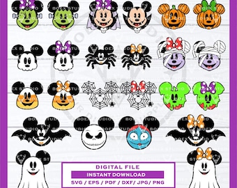 May include: A collection of digital Halloween-themed character icons featuring various mouse-shaped designs including pumpkins, ghosts, spiders, bats, and mummies. The text at the bottom reads DIGITAL FILE INSTANT DOWNLOAD SVG / EPS / PDF / DXF / JPG / PNG.