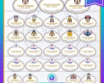 May include: A collection of oval-shaped name tag templates featuring Disney Cruise Line branding. Each tag includes space for a name and location, the text 'CREATING MAGIC AT THE SEA', and various Disney character illustrations or ship names.