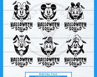 May include: Black and white Halloween-themed digital file featuring six cartoon character designs, including Mickey and Minnie Mouse, with the text "HALLOWEEN SQUAD". The file is available in SVG, EPS, PDF, DXF, JPG, and PNG formats.