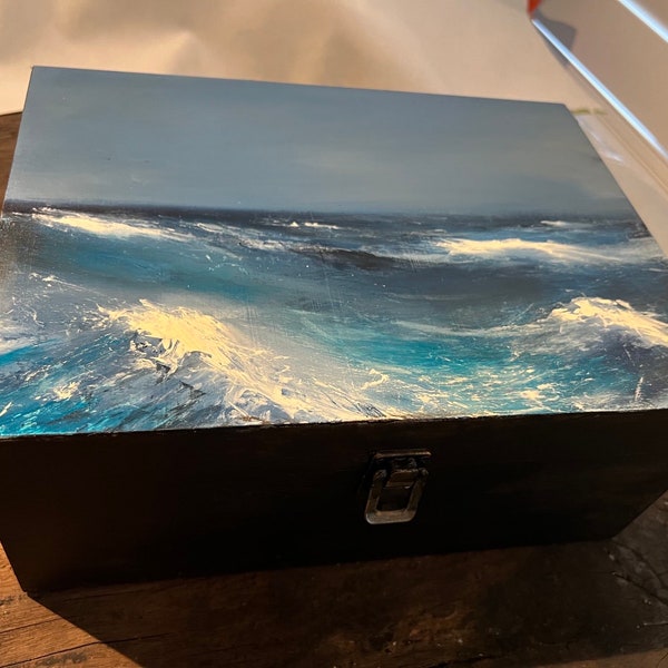 Original painting Atlantic Ocean on a wooden box by Sarah Evans