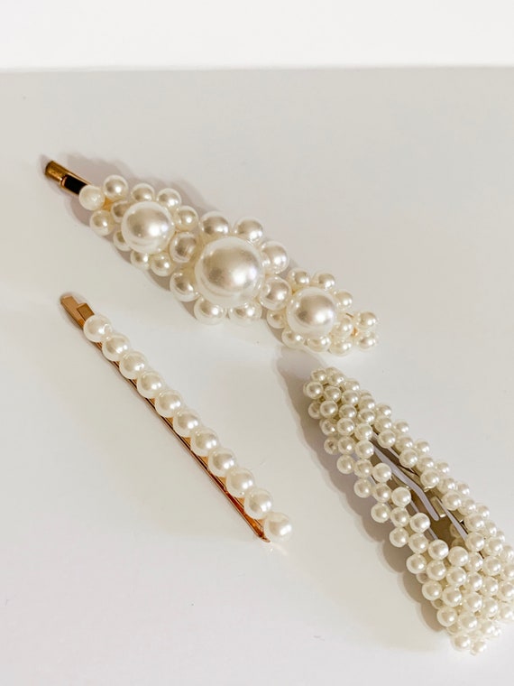 Pearl hair clips set of 3 faux pearl hairpins large snap and | Etsy