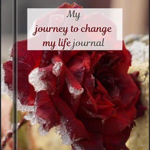 May include: A close-up of a deep red rose with white frost on the petals. A white rectangle with the text "My journey to change my life journal" is superimposed over the rose.
