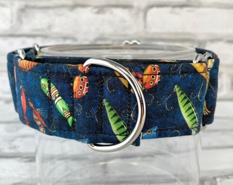 Fly Fishing Dog Collar, Fishing Lures, Martingale Greyhound Collar, Blue Dog Collar, Hooks, lures and bobbers on navy blue cotton fabric.