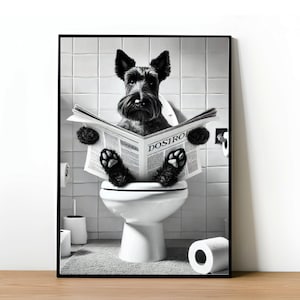 Grappige Schotse Terriër badkamer kunst aan de muur, Schotse terriër zittend op toilet, Scottie badkamer decor, hond in toilet humor digitale download