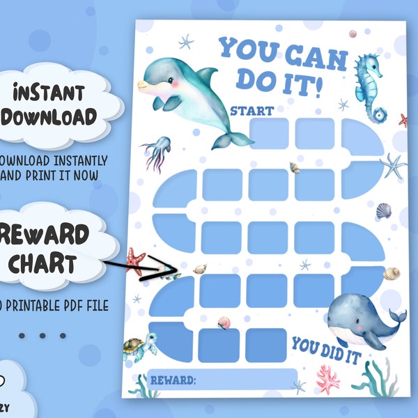 Personalized Ocean Reward Chart, Printable Under Sea Animal Behavior Chart, Instant Download PDF Sticker Chart, Cute PNG Dolphin Whale Print