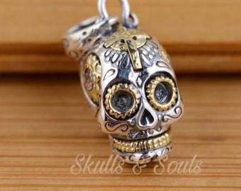 Day of the Dead 1-50mm Large Sterling Silver Carved Sugar Skull Pendant Onyx Gemstone Eyes GS18-0113G Statement Pendant Skull Jewelry
