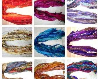 Sari Silk Fabric Yarn Tassels Ribbon Skiens BIG Lot Set of 9 Colors 12 yards each Unstitched  Journal Scrapbook Craft Project decor India