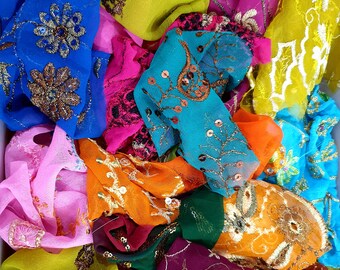 Sari Silk Fabric Remnant Embroidered  MIXED BRIGHT SHADES SNIPPets By Weight