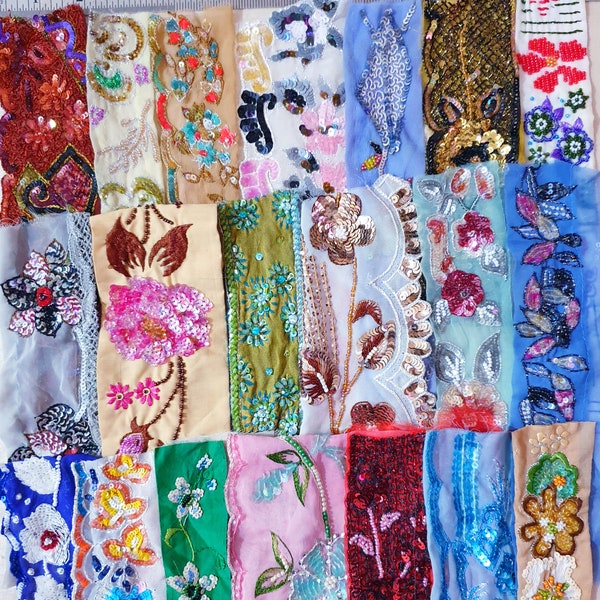 RARE lot Antique Vintage Sari Trim Lace Ribbon 20 Pcs REAL GLASS BEADs sequins Get What you See C112 A18