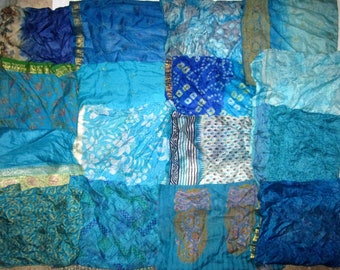 Q4 Lot Pure Silk Vintage Sari Fabric Material Remnant 16 pc 8" SQUARES AQUA BLUE Craft Home Decor Scrapbook Quilting Project Art Doll Easter