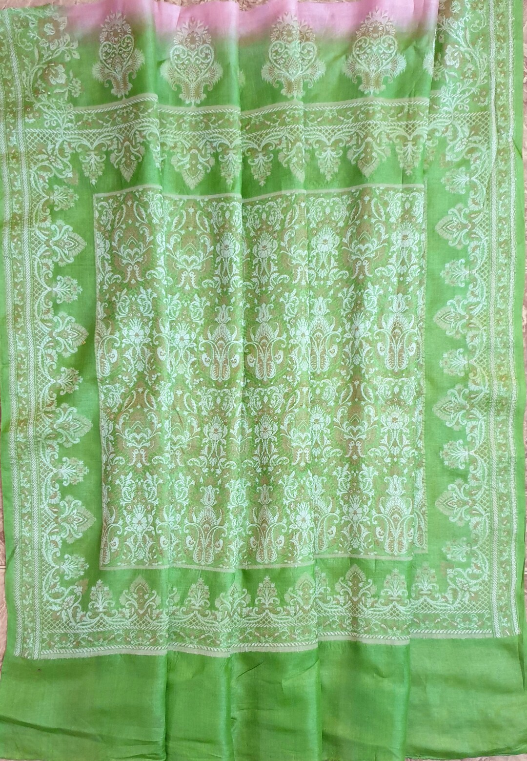 Damen Sari Aus Reiner Seide Bestickt - Orange/Abendrot Zickzackmuster