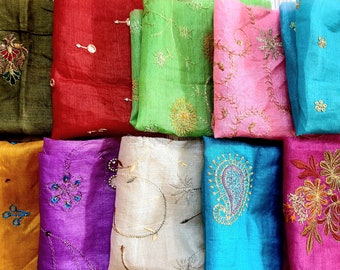 Pure Sari Silk Fabric Embroidered Remnants EMBROIDERED 8 inch * 8 inch pieces, 10 pieces!!  DS7