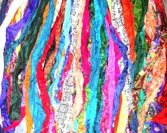 42 yards Unstitched PURE Silk Sari Ribbon Yarn tassels SKEINS MIXED Shades Journal Scrapbook Craft Project decor strips India lot beauty