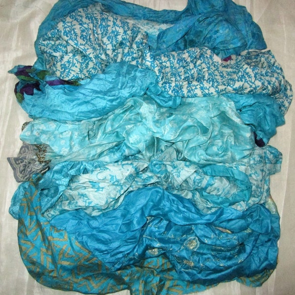 Pure Sari Silk Lot Vintage Sari Fabric Material Remnant Turquoise Aqua Craft Scrapbook Quilt Doll Junk Journal India BOHO Sewing Snippets