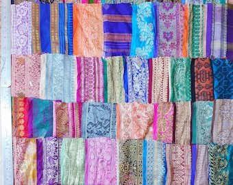 50 Rare Antique Vintage Sari Border Fabric Pieces, Brocade Trim Remnants, Assorted Textile Scrap Bundle for Quilting Crafts
