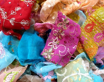 Sari Silk Fabric Remnant Embroidered  MIXED BRIGHT SHADES SNIPPets By Weight