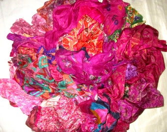 Pure Sari Silk Lot Vintage Sari Fabric Material Remnant 100 Grams Pink Magenta Craft Scrapbook Quilt Art Doll Junk Journal India BOHO Sewing