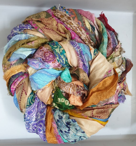 Unstitched Recycled Pure Silk Sari Silk Ribbon Yarn tassels Journal Jewelry BUY 