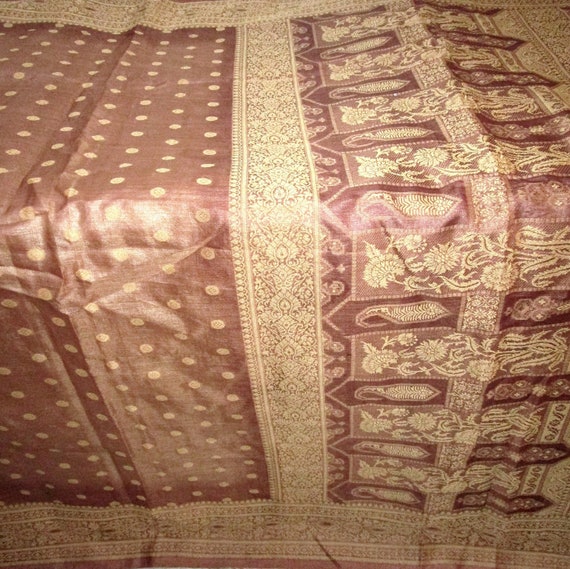 100% Pure Vintage Sari Pure Silk Fabric Woven BEA… - image 9