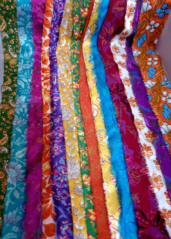 Silk Sari Strips Ribbon 20 YARDS Yarn tassels SKEINS BRIGHT Shades Journal Scrapbook Craft Project decor strips India lot DS4