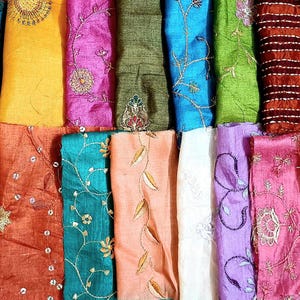 Pure Sari Silk Fabric Embroidered Remnants EMBROIDERED 4 inch * 6 inch Pieces, 25 pieces!! M3 Bag No UN2