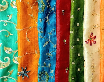 Pure Sari Silk Fabric Embroidered Remnants EMBROIDERED 8 inch * 8 inch pieces, 10 pieces!!  DS22