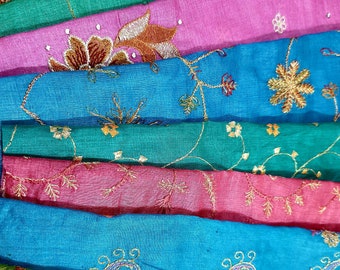 Pure Sari Silk Fabric Embroidered Remnants EMBROIDERED 8 inch * 8 inch pieces, 10 pieces!!  DS5