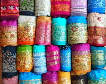 25 piezas RARE Antique Vintage Sari Silk Trim Lace Lot Ribbon Sari Edge muñeca Art Craft Scrapbook Borders Home Decor India DS134