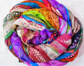 42 yards Unstitched Art Silk Sari Ribbon Yarn tassels SKEINS BRIGHT Shades Journal Scrapbook Craft Project strips India DS202